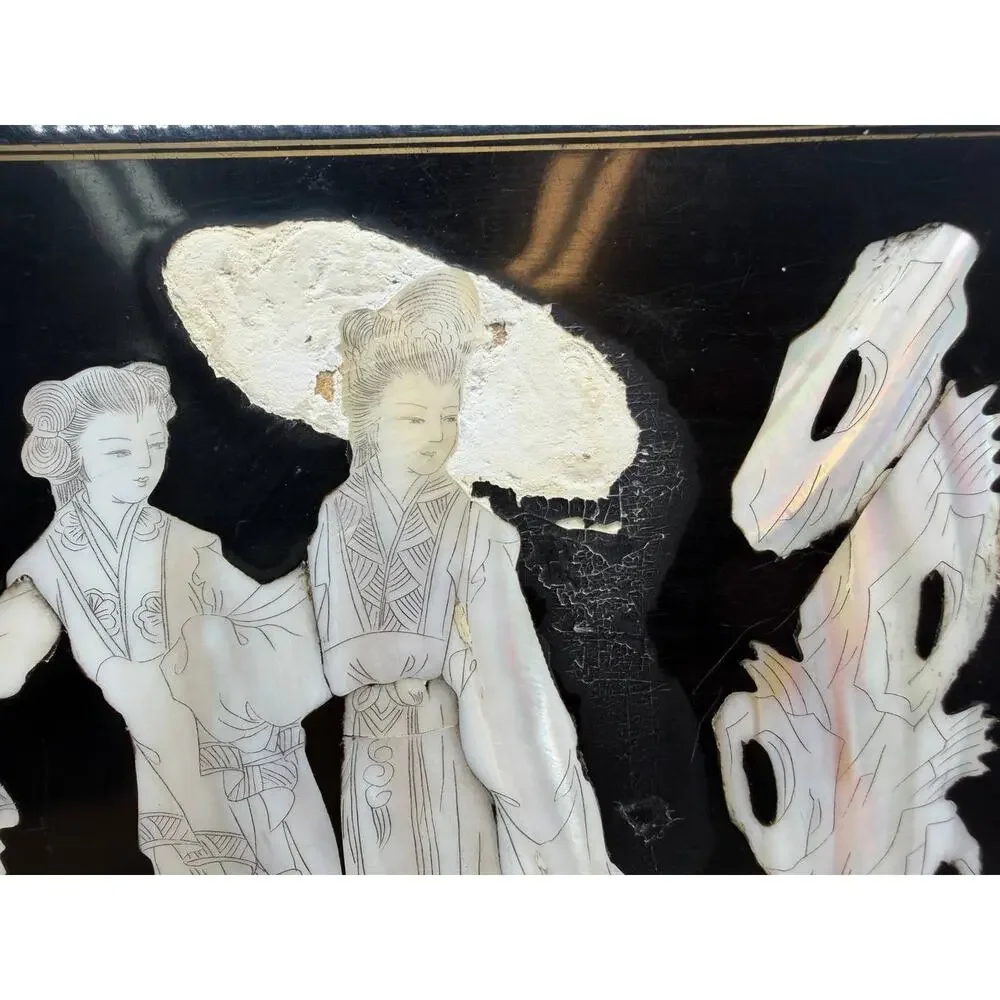 Asian Black Lacquer Jewelry Box Mother of Pearl Inlay Red Velvet 2.35 lb